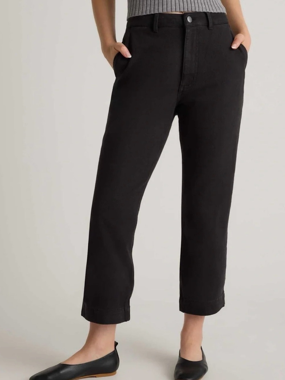 NWT Quince Organic Stretch Cotton Twill Straight Leg Crop Pants Black 14